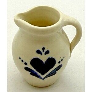 Vintage Miniature Stoneware Pitcher Heart FolkArt Primitive Design 2"